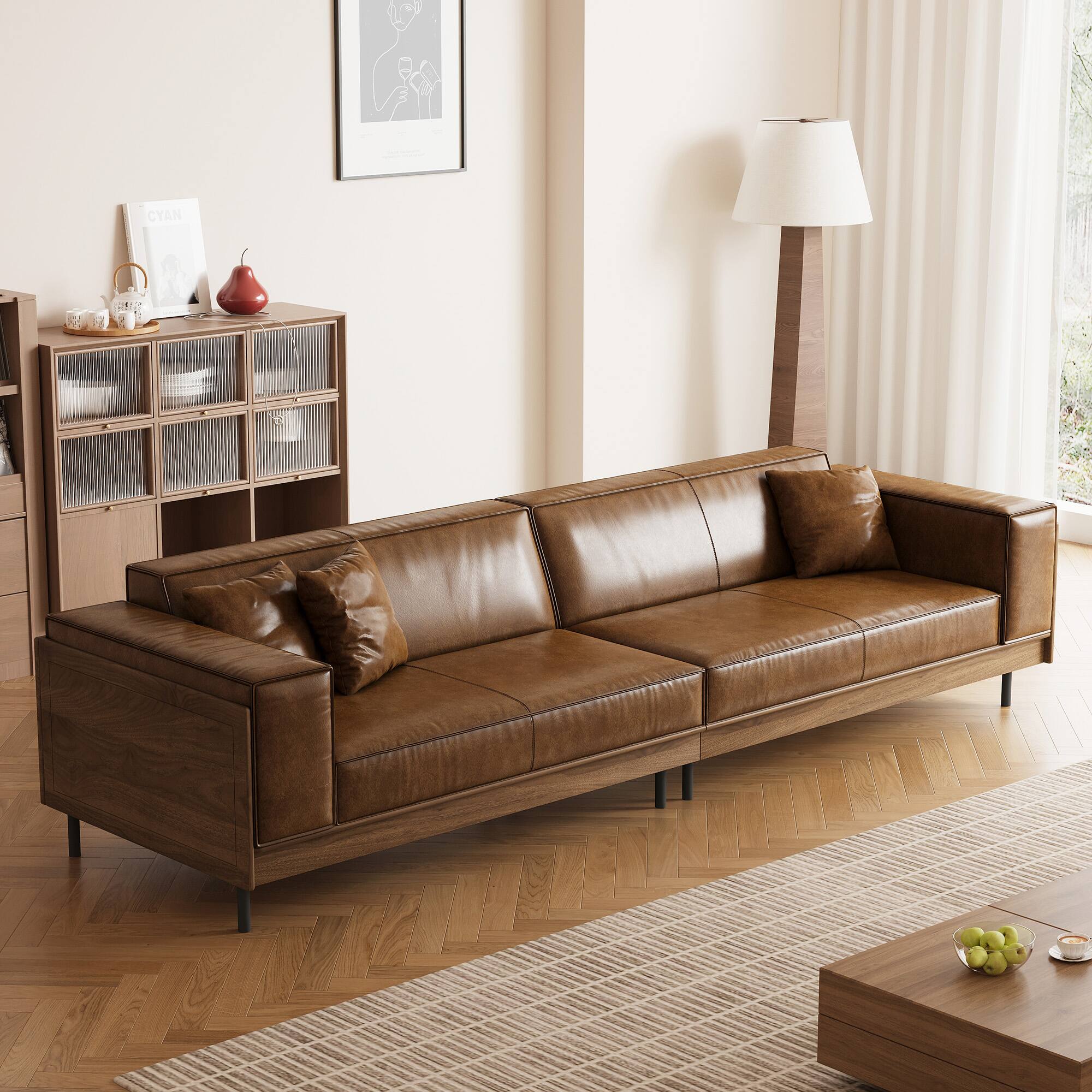 Angle. luck idea - Mid-century Modern Leather Sofa With Wooden Accents, 4-seater Living Room Couch With 3 Throw Pillows - Brown.