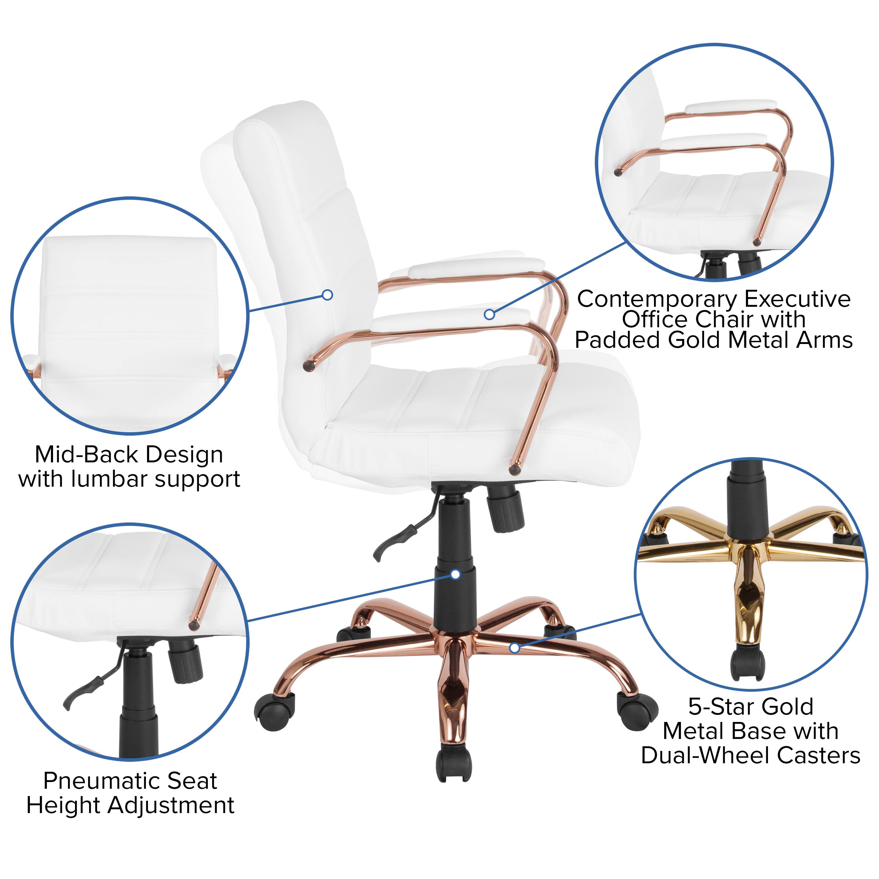 Contemporary Executive Office Chair with Padded Gold Metal Arms  
Mid-Back Design with lumbar support  
Pneumatic Seat Height Adjustment  
5-Star Gold Metal Base with Dual-Wheel Casters
