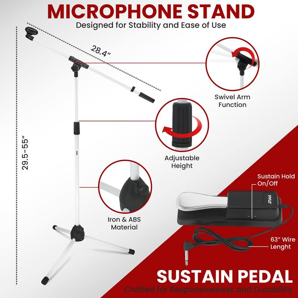 MICROPHONE STAND  
Designed for Stability and Ease of Use  
- 28.4" Swivel Arm Function  
- 29.5-55" Adjustable Height  
- Iron & ABS Material  
- 63" Wire Length  

SUSTAIN PEDAL  
Crafted for Responsiveness and Durability  
- Sustain Hold On/Off