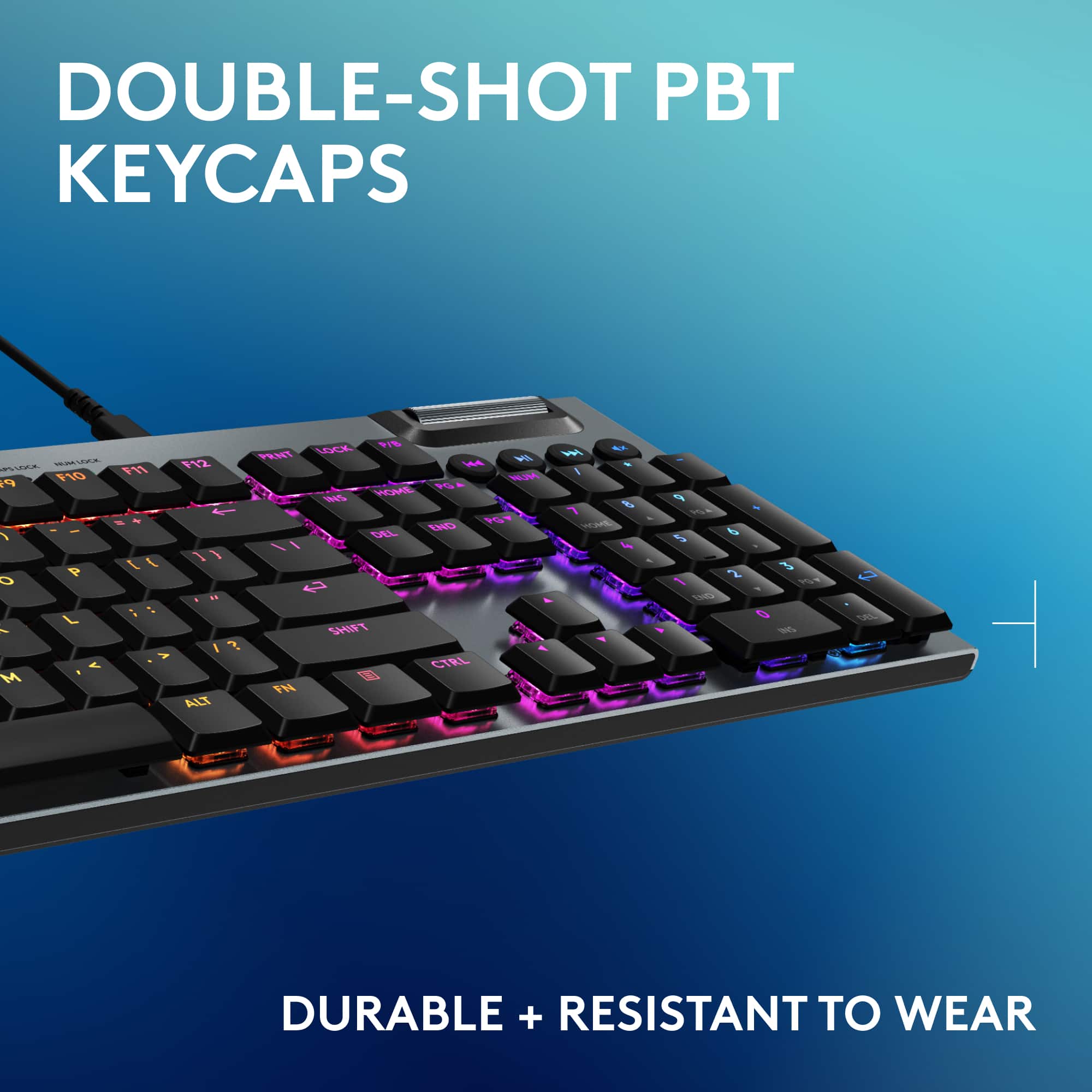 The text on the image reads: "DOUBLE-SHOT PBT KEYCAPS - Durable + Resistant to Wear."