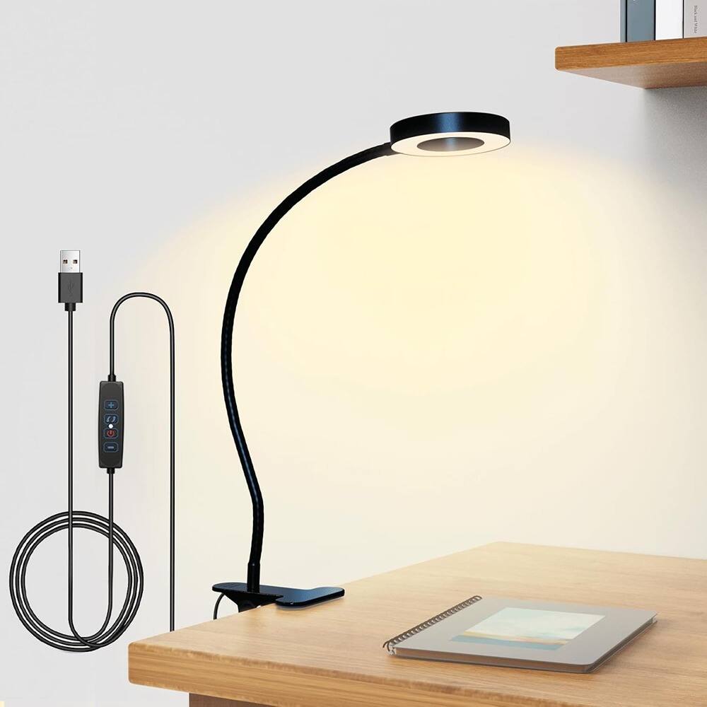 PARKER SLATER - Clip-On Desk Lamp with Clamp, 360° Adjustable LED Light for Reading, Home Office, Bedside, or Desk with 10 Dimmable Brig - Black