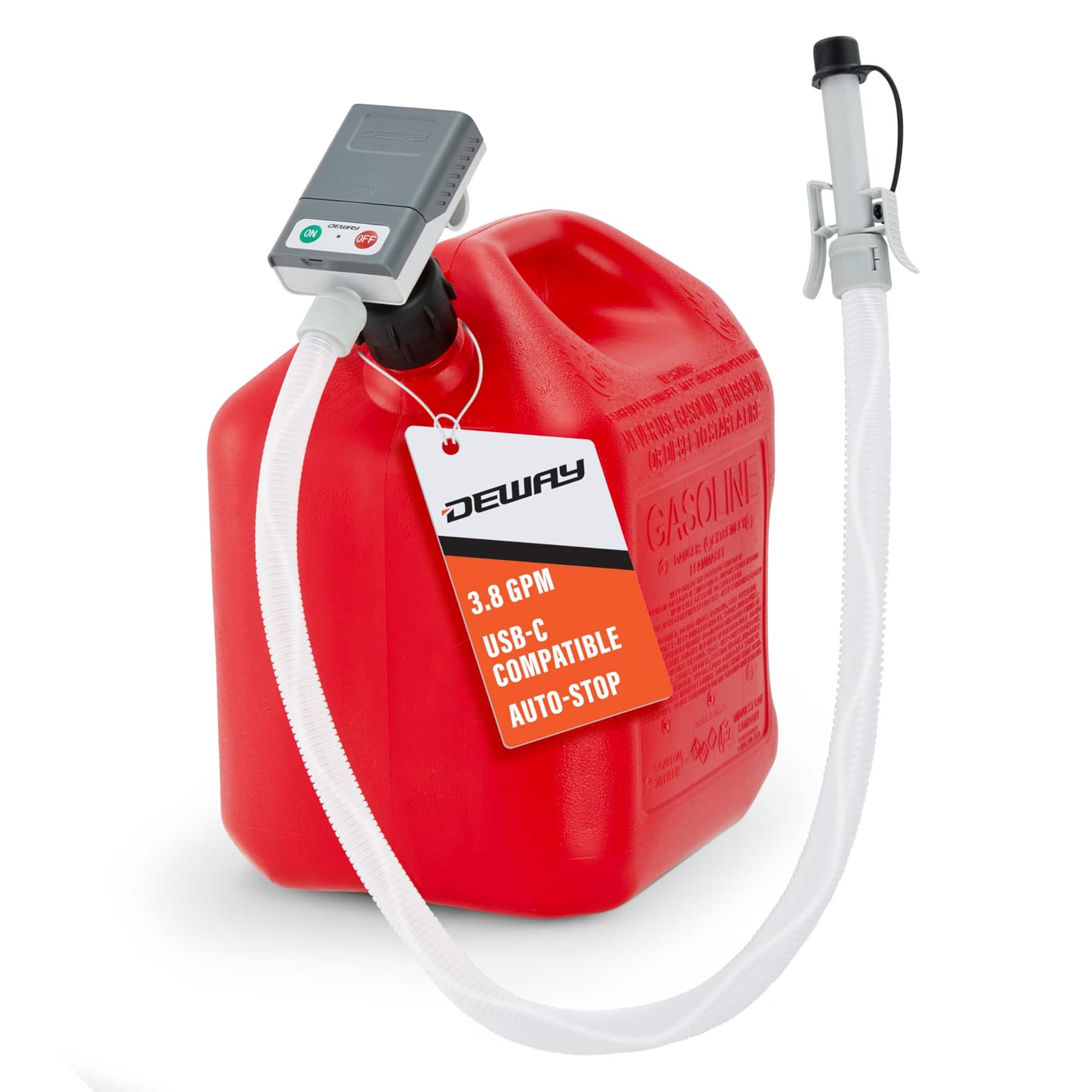 Deway - Ultra Fast Can Fuel Transfer Pump, USB or Battery Powered with Auto-Stop, 51" Hose & Adapters - Grey