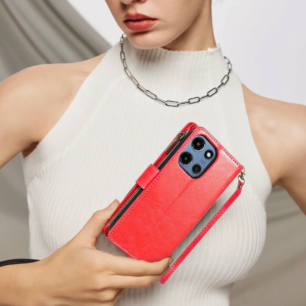 Alt View 10. Equipd - Case for Moto G Play 2026 / G 2026 / G 2025, Wallet Case with Card Holder, ID Slots, Zipper Pocket, Stand & Wrist Strap - Red.