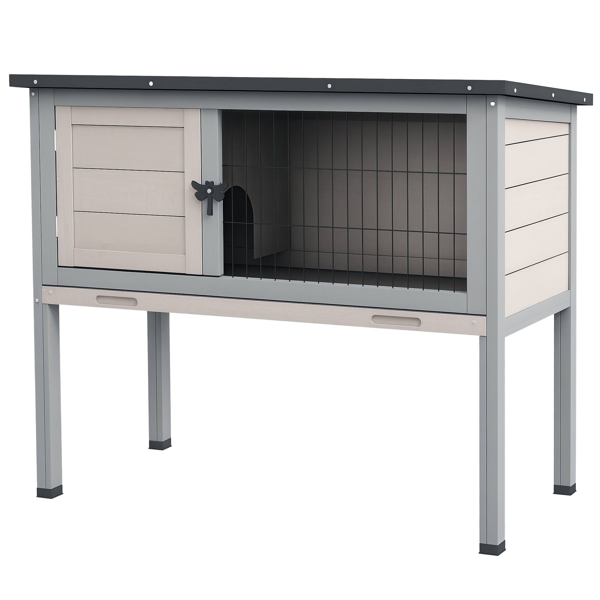 Front. Pawhut - Elevated Wooden Rabbit Hutch, Indoor/Outdoor Bunny Cage with Hinged Asphalt Roof and Removable Tray.
