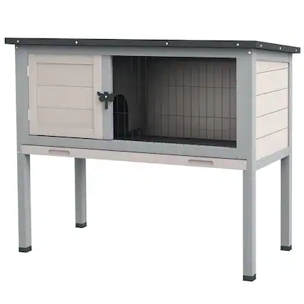 Front. Pawhut - Elevated Wooden Rabbit Hutch, Indoor/Outdoor Bunny Cage with Hinged Asphalt Roof and Removable Tray.