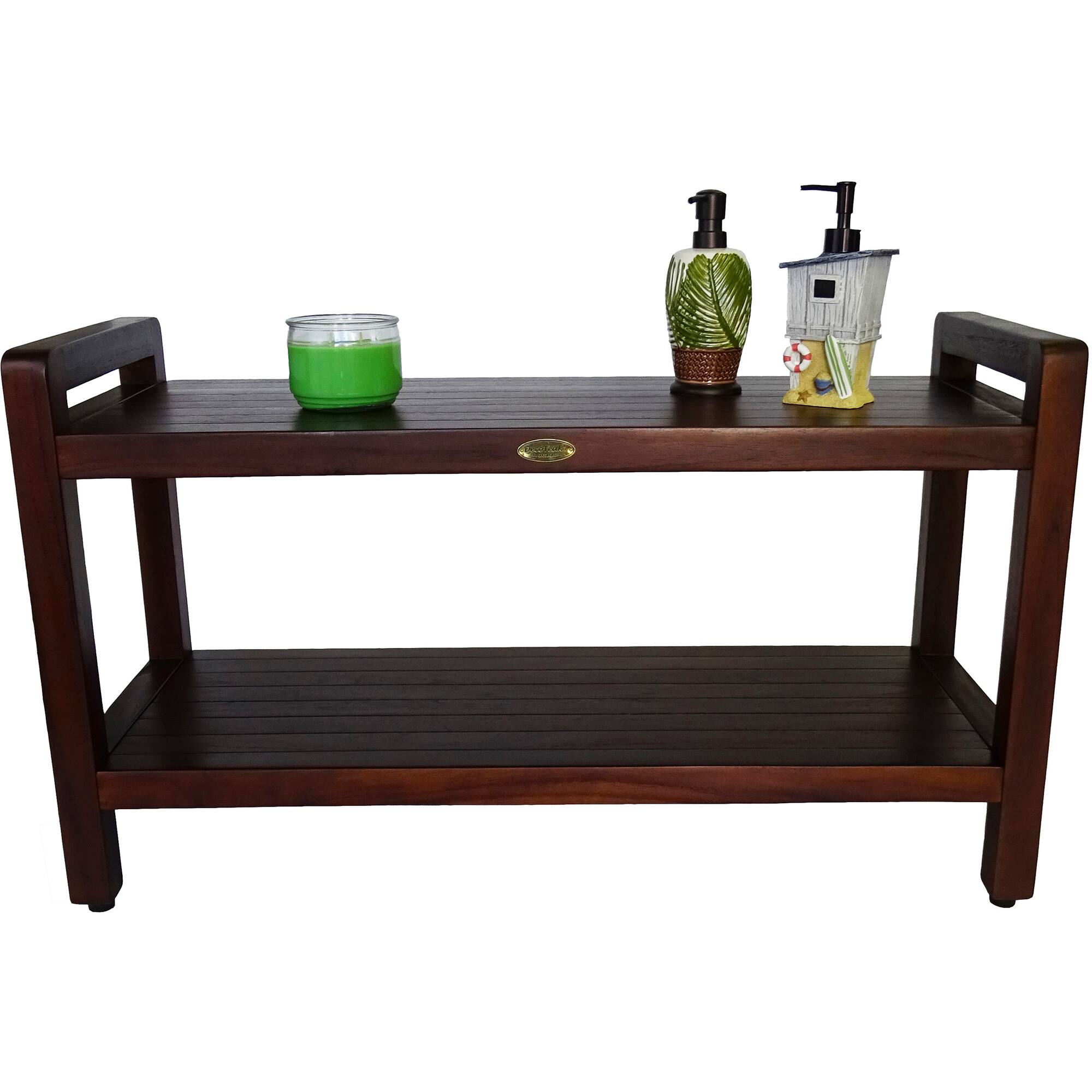 Alt View 1. DecoTeak - DecoTeak Eleganto 35"L Teak Wood Shower Bench with LiftAide Arms and Shelf in Woodland Brown Finish - Woodland Brown.