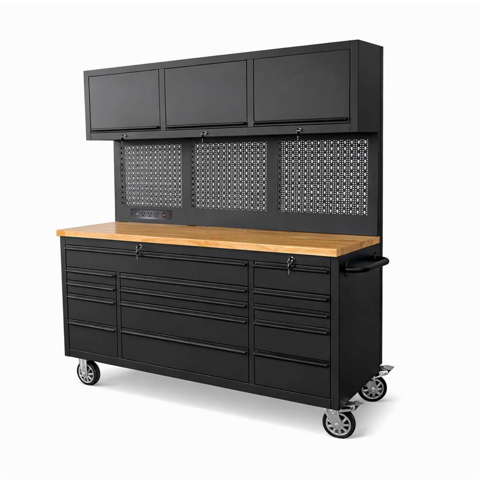 Alt View 1. Boyel Living - Overhead Pro 72 inch Rolling Tool Chest 79 inch Tall 14 Drawers 3 Overhead Cabinets Pegboard Power Strip.