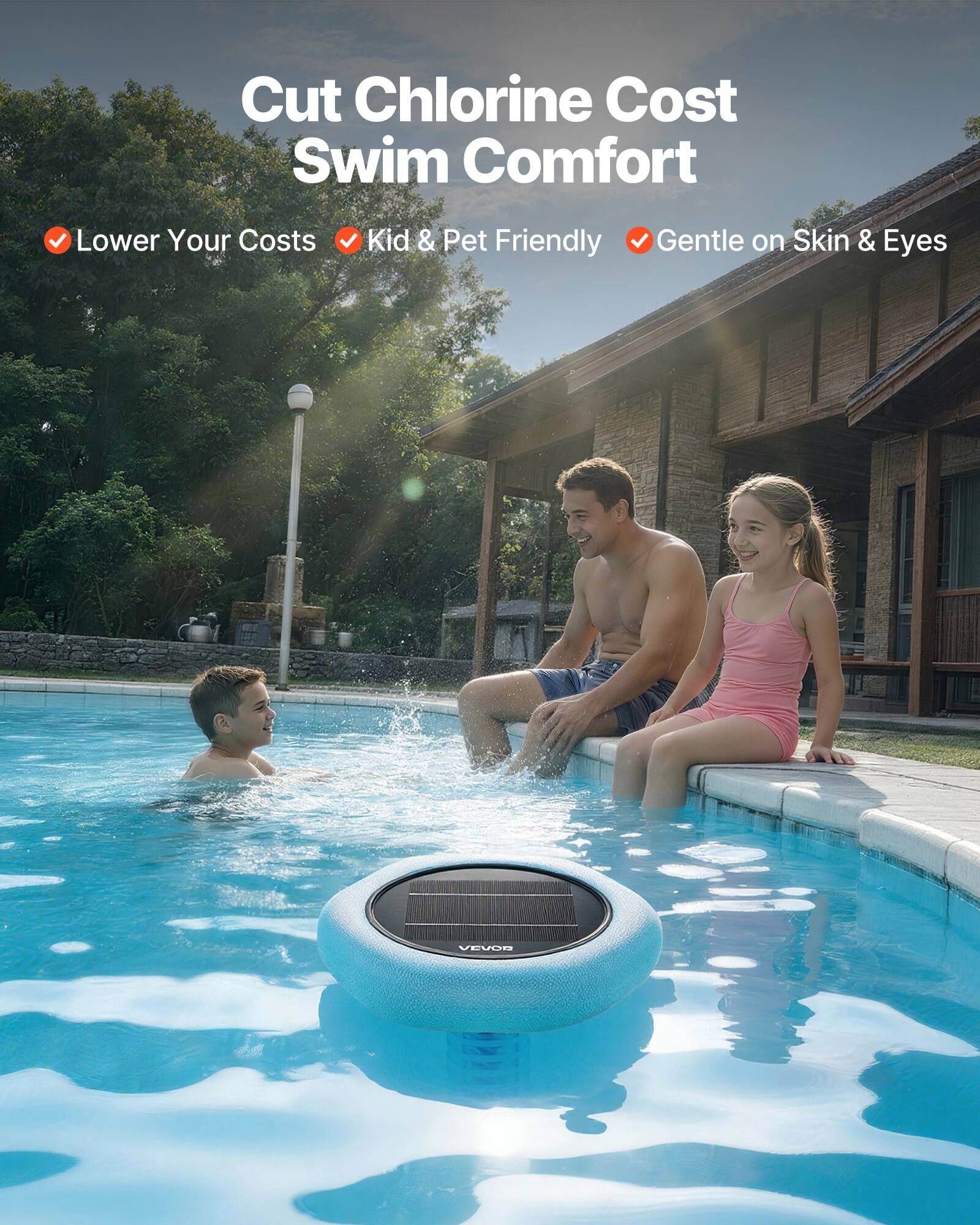 Cut Chlorine Cost Swim Comfort

- Lower Your Costs
- Kid & Pet Friendly
- Gentle on Skin & Eyes