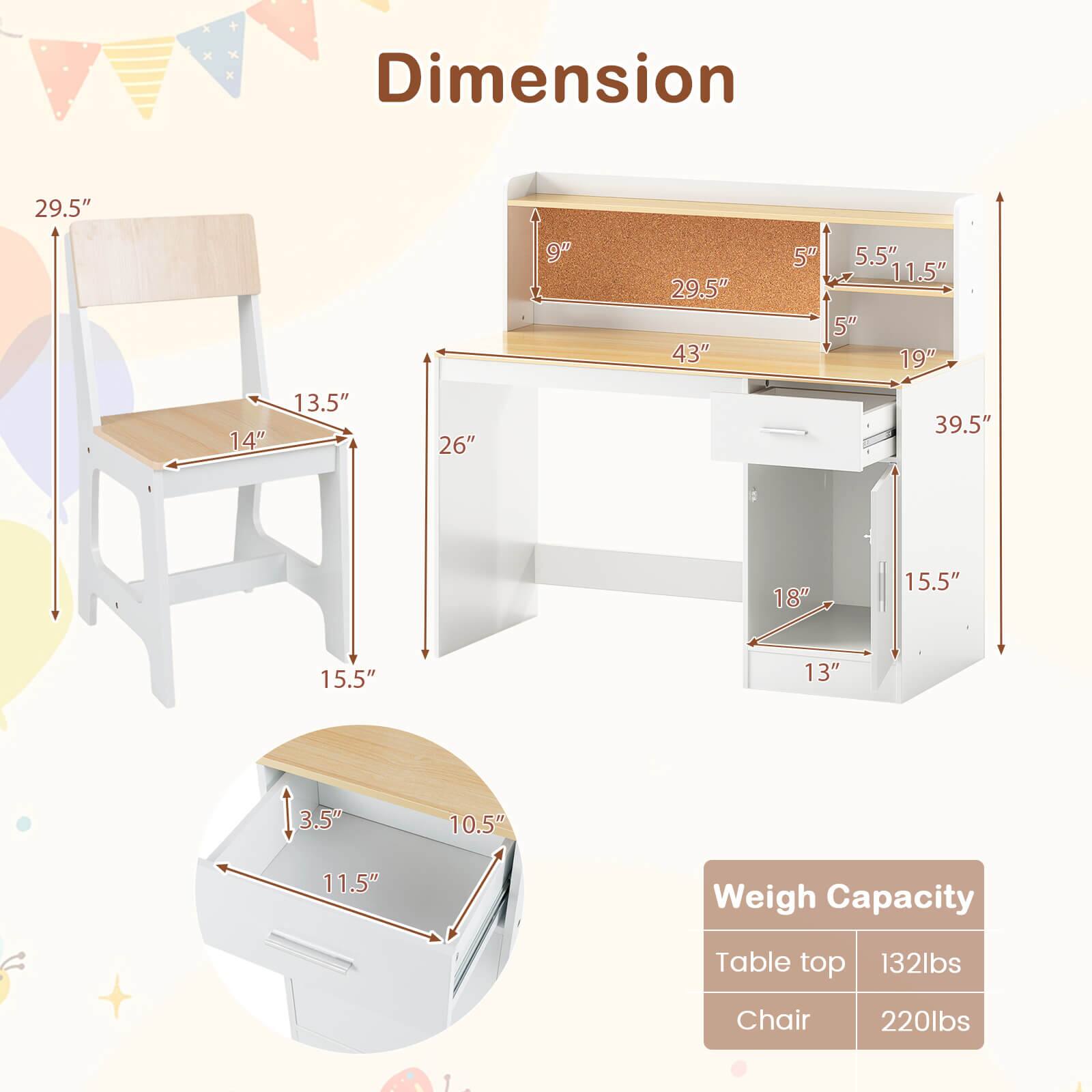 Dimension  
29.5" 9" 29.5" 43" 5" 5.5" 11.5" 5" 19" 14" 13.5" 26" 39.5" 18" 15.5" 15.5" 13" 3.5" 10.5" 11.5"  

Weigh Capacity  
Table top 132lbs  
Chair 220lbs