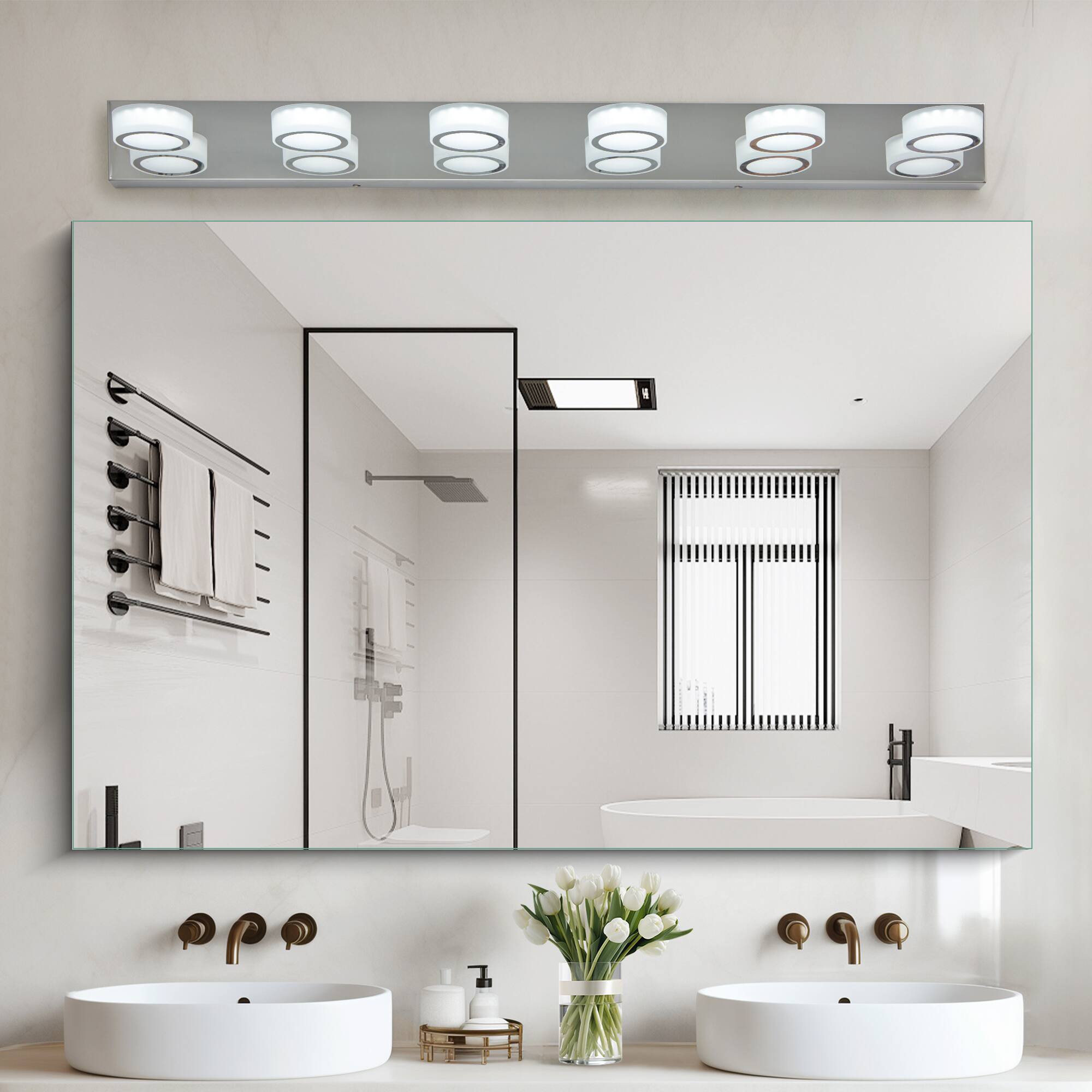 Left. APRILSOUL - 45 Inch Modern 6-Light LED Vanity Light Sleek Chrome Bathroom Wall Light Fixture for Mirror Shower and Bathroom Decor.