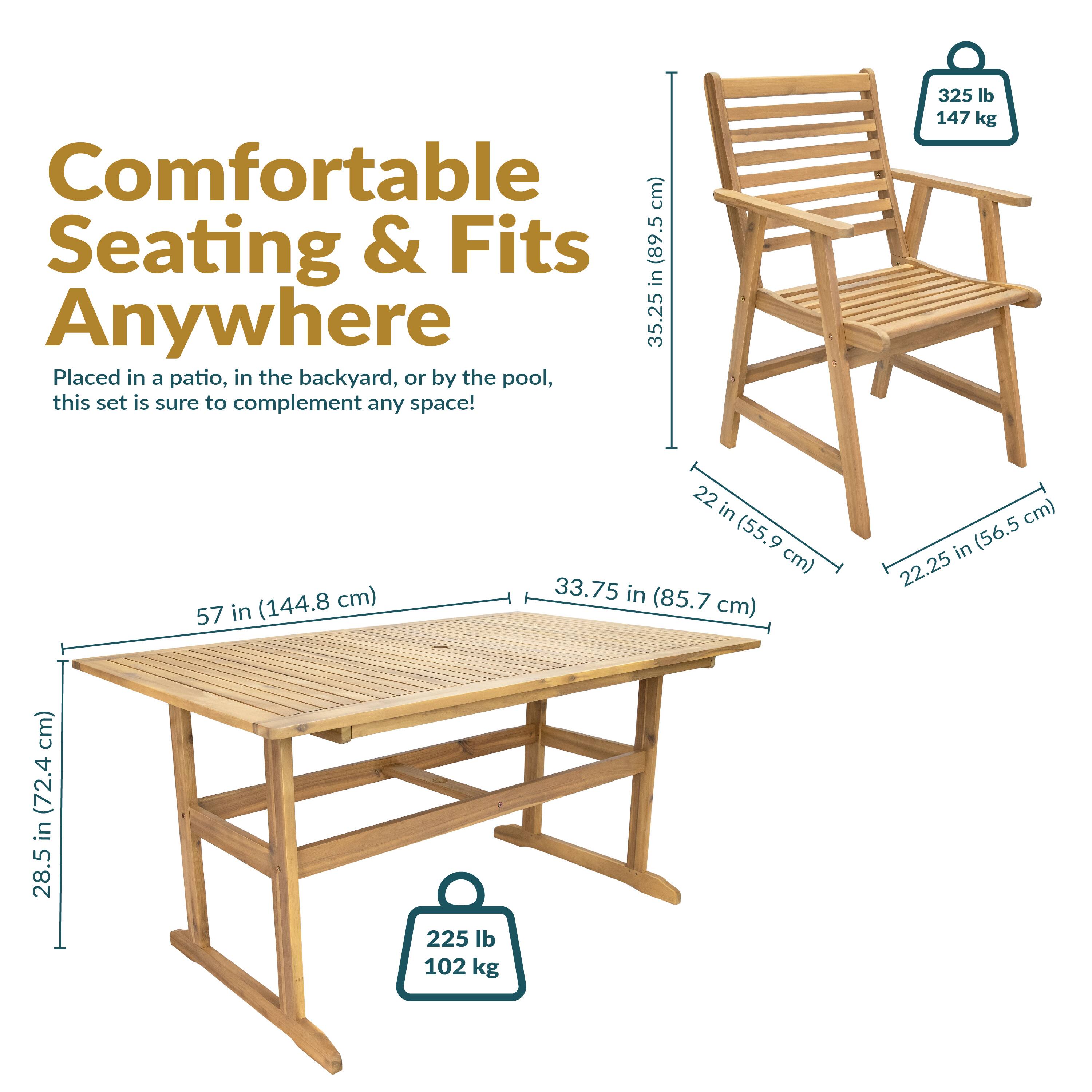 Comfortable Seating & Fits Anywhere

Placed in a patio, in the backyard, or by the pool, this set is sure to complement any space!

- Table:
  - Height: 28.5 in (72.4 cm)
  - Width: 57 in (144.8 cm)
  - Depth: 33.75 in (85.7 cm)
  - Weight Capacity: 225 lb (102 kg)

- Chair:
  - Height: 35.25 in (89.5 cm)
  - Width: 22 in (55.9 cm)
  - Depth: 22.25 in (56.5 cm)
  - Weight Capacity: 325 lb (147 kg)
