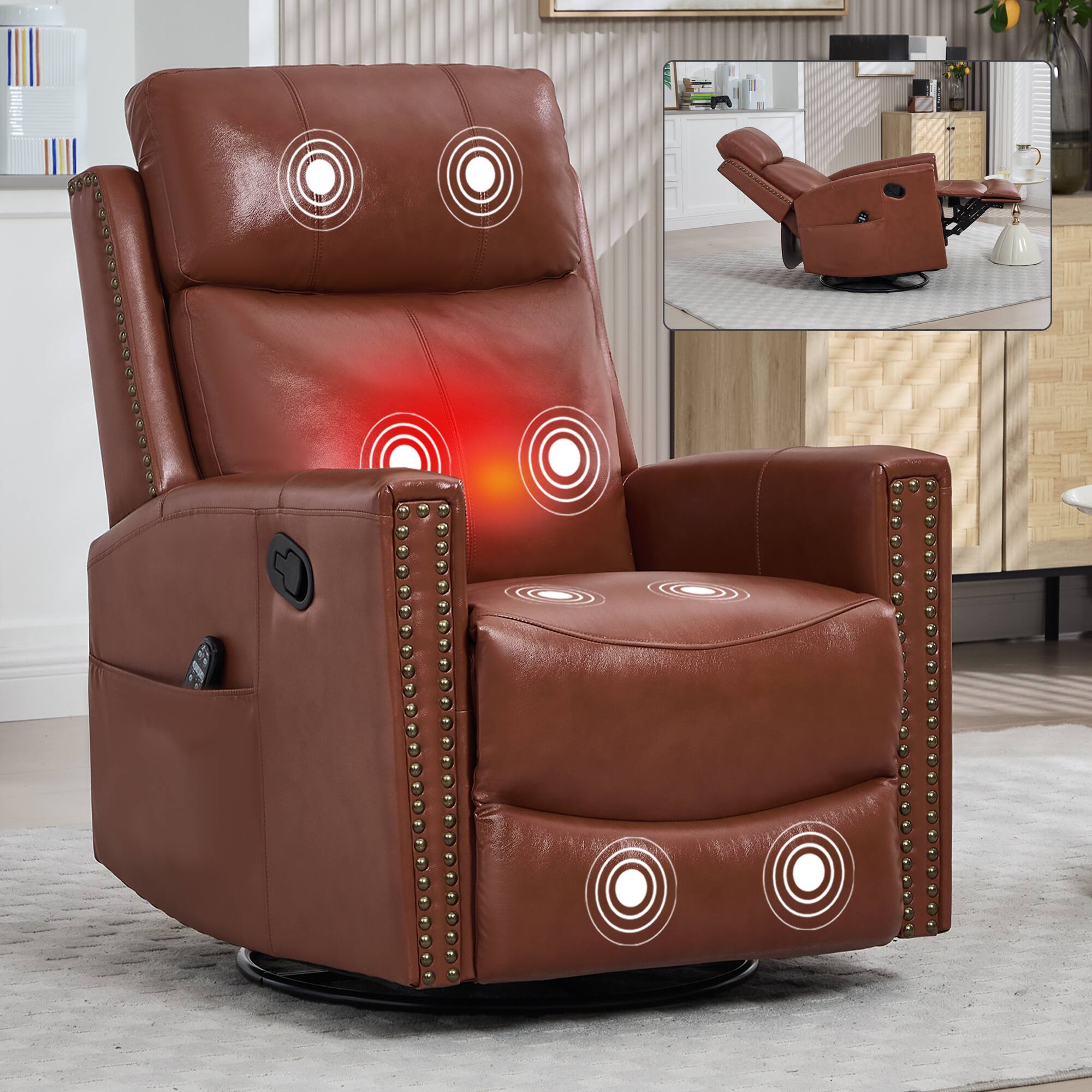 Angle. LUCKY ONE - Genuine Leather Manual Recliner Chair with 360° Swivel, Rocker, Heat Massage - Light Red.