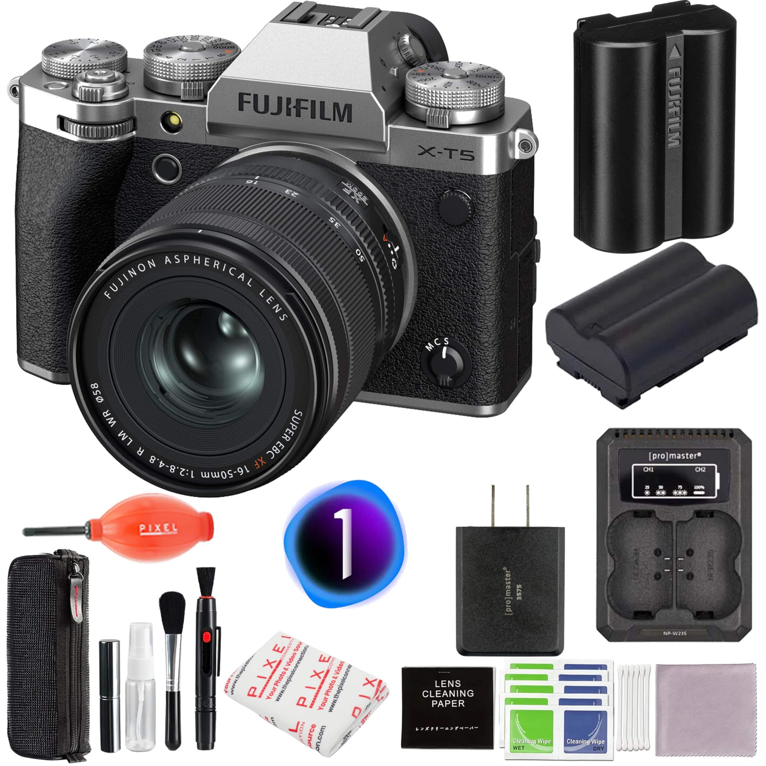 Bundle - Fujifilm - X-T5 Mirrorless Camera with 16-50mm Lens (Silver) with Extra Battery, Charger & More Accessories