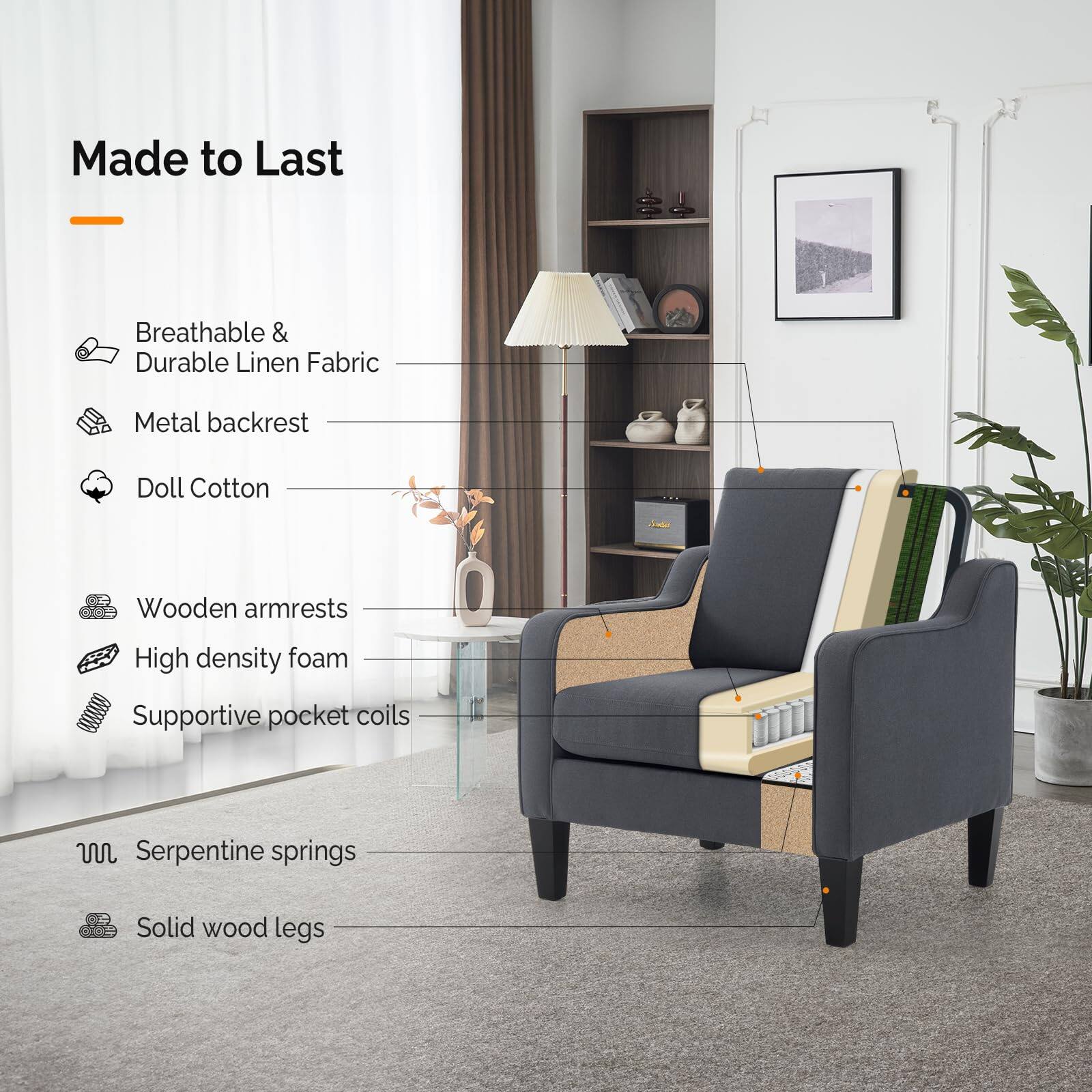 Made to Last

- Breathable & Durable Linen Fabric
- Metal backrest
- Doll Cotton
- Wooden armrests
- High density foam
- Supportive pocket coils
- Serpentine springs
- Solid wood legs