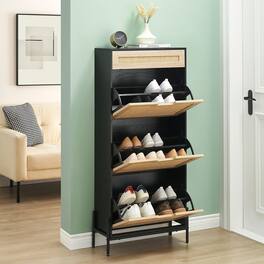 Babevy - Rattan Shoe Cabinet with 3 Flip Drawers and 1 Small Drawer, Shoe Organizer with Adjustable Shelves - Black