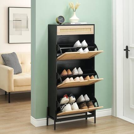 Front. Babevy - Rattan Shoe Cabinet with 3 Flip Drawers and 1 Small Drawer, Shoe Organizer with Adjustable Shelves - Black.