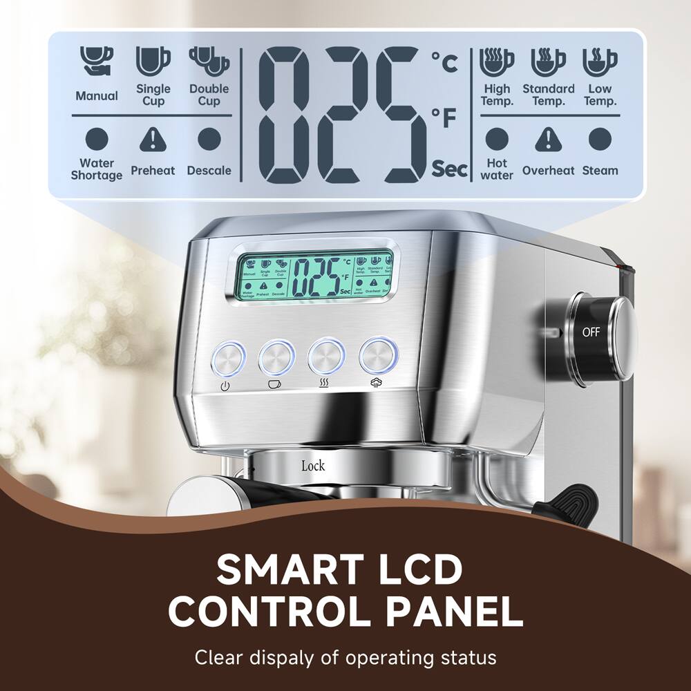 C Manual Single Cup Double Cup  
Temp. High Standard Temp. Temp. Low F  
! WLD Water Hot Shortage Preheat Descale Sec water Overheat Steam  
Write Double DI Cup  
F  
High Ravied gest  
- manunt Chocole  
Sec  
Quobetz  
OFF  
SSS  
Lock  
SMART LCD CONTROL PANEL  
Clear display of operating status