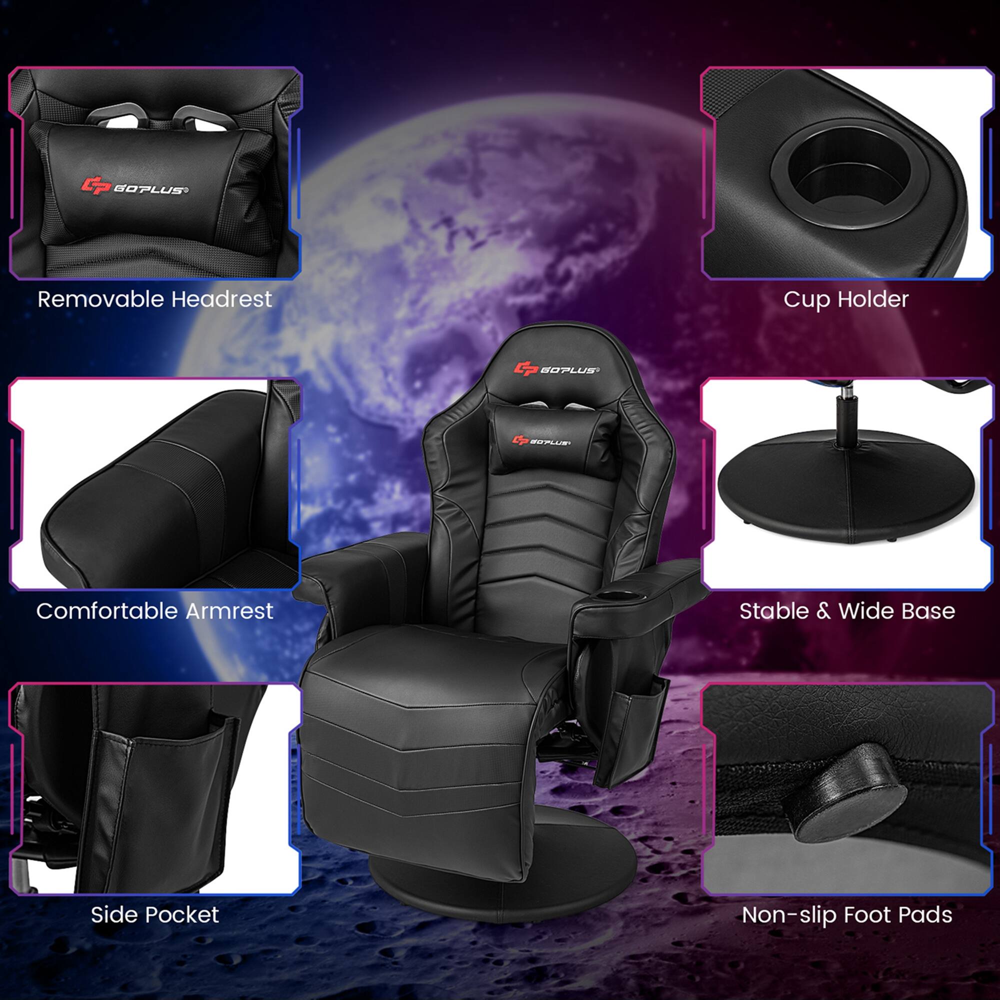 The text on the image can be grouped and corrected as follows:

1. Removable Headrest
2. Cup Holder
3. Comfortable Armrest
4. Stable & Wide Base
5. Side Pocket
6. Non-slip Foot Pads