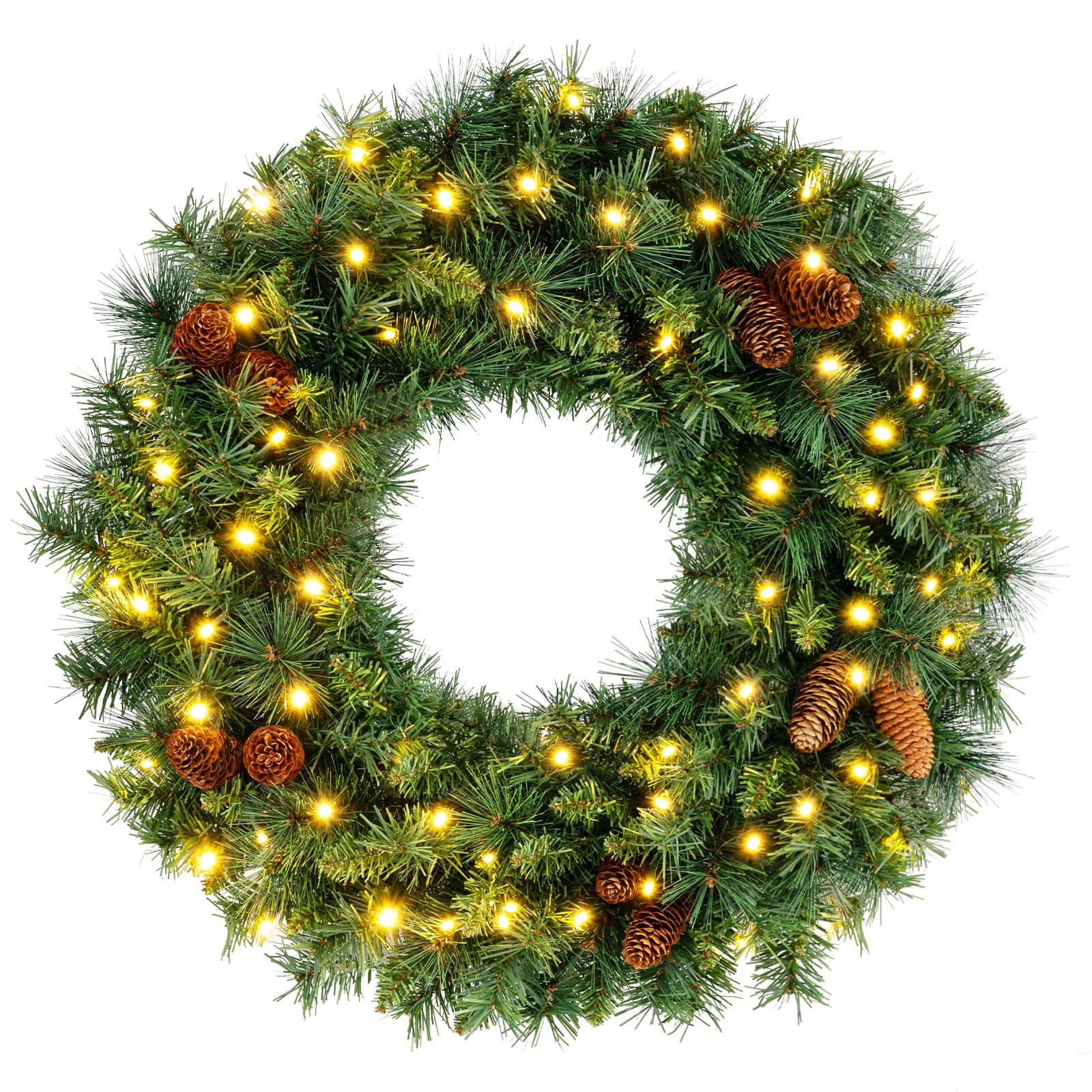 Costway - 1 PCS Pre-Lit Christmas Wreath with 143 Full Branch Tips 10 Pine Cones 50 LED Lights - Green