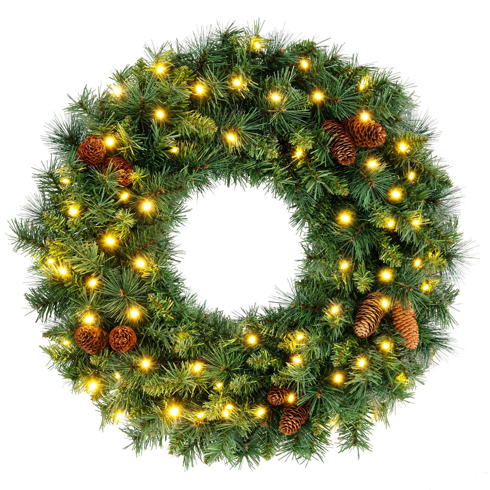 Front. Costway - Costway 1 PCS Pre-Lit Christmas Wreath with 143 Full Branch Tips 10 Pine Cones 50 LED Lights - Green.