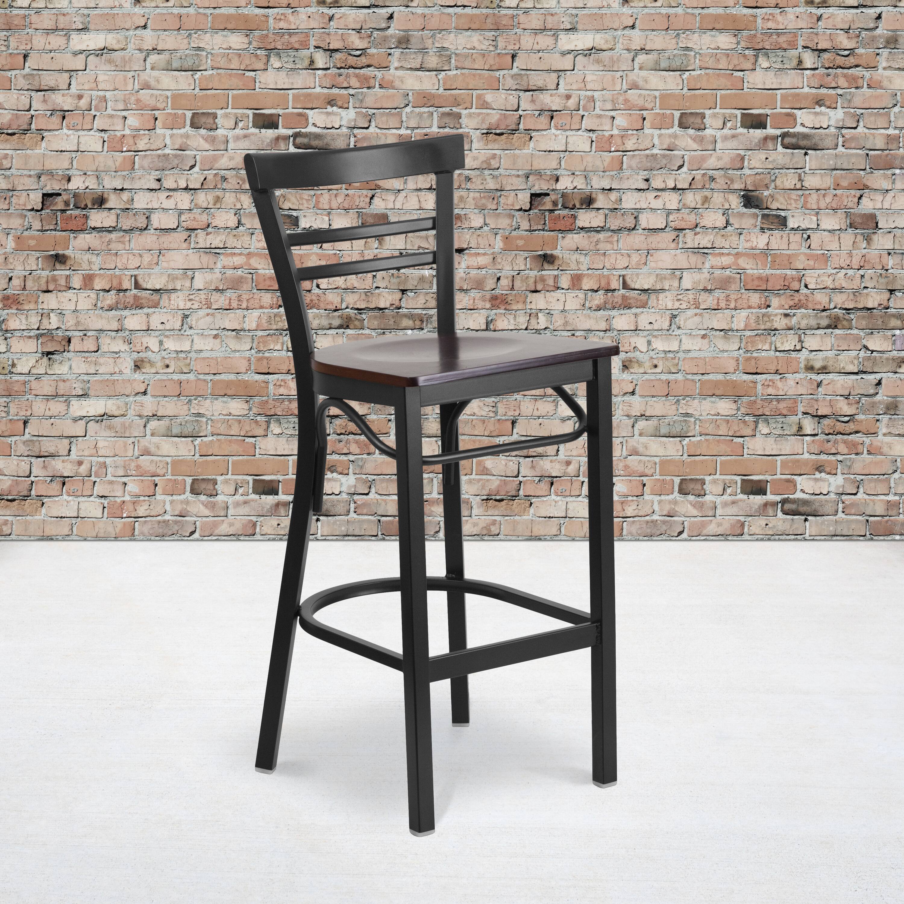Angle. Flash Furniture - HERCULES Series Black Two-Slat Ladder Back Metal Restaurant Barstool - Walnut Wood Seat - Brown.
