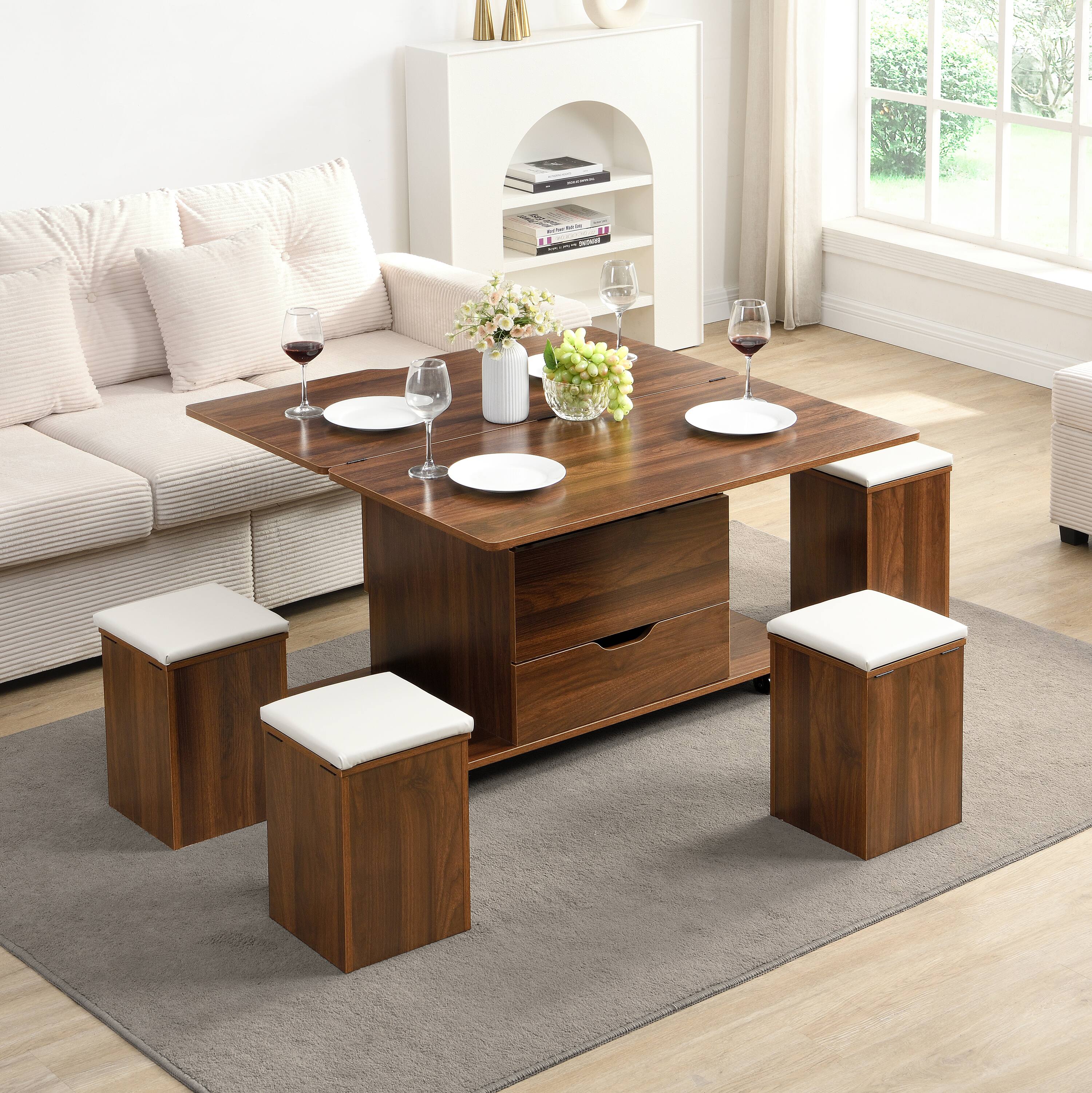 Alt View 7. Ecooso - Coffee Table Multi-Functional Lift-Top with Hidden Storage and 4 Stools, Modern Center Table for Living Room - Walnut,White.