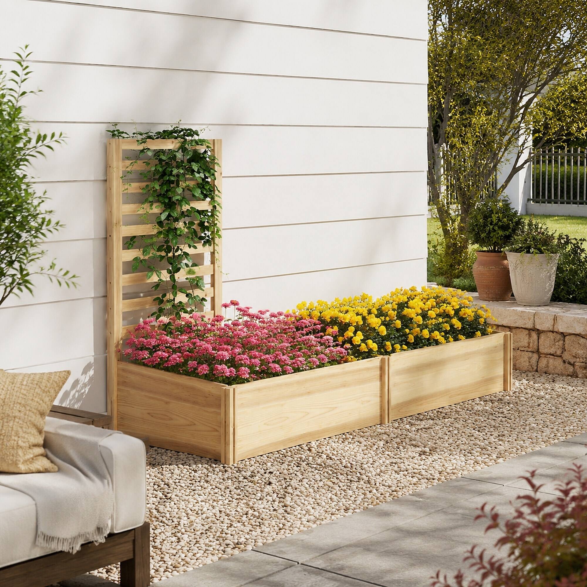 Left. RYHNUYNE - Wooden Raised Garden Bed with Trellis, 43 Inch Fir Wood Planter Box, 2 Compartments for Climbing Plants - Natural.