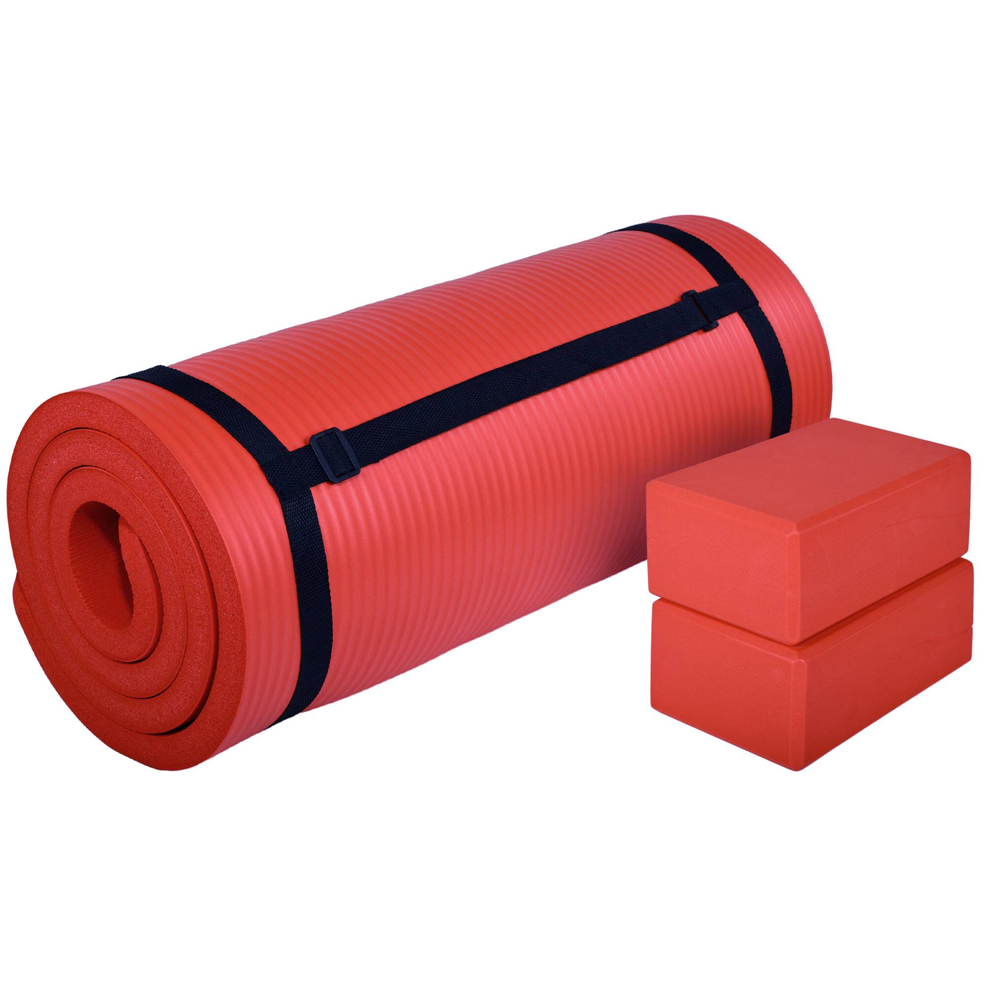 Alt View 7. BalanceFrom Fitness - BalanceFrom Fitness 71"x24" Anti Tear Yoga Mat w/Strap, Knee Pad & Blocks, Red - Red.