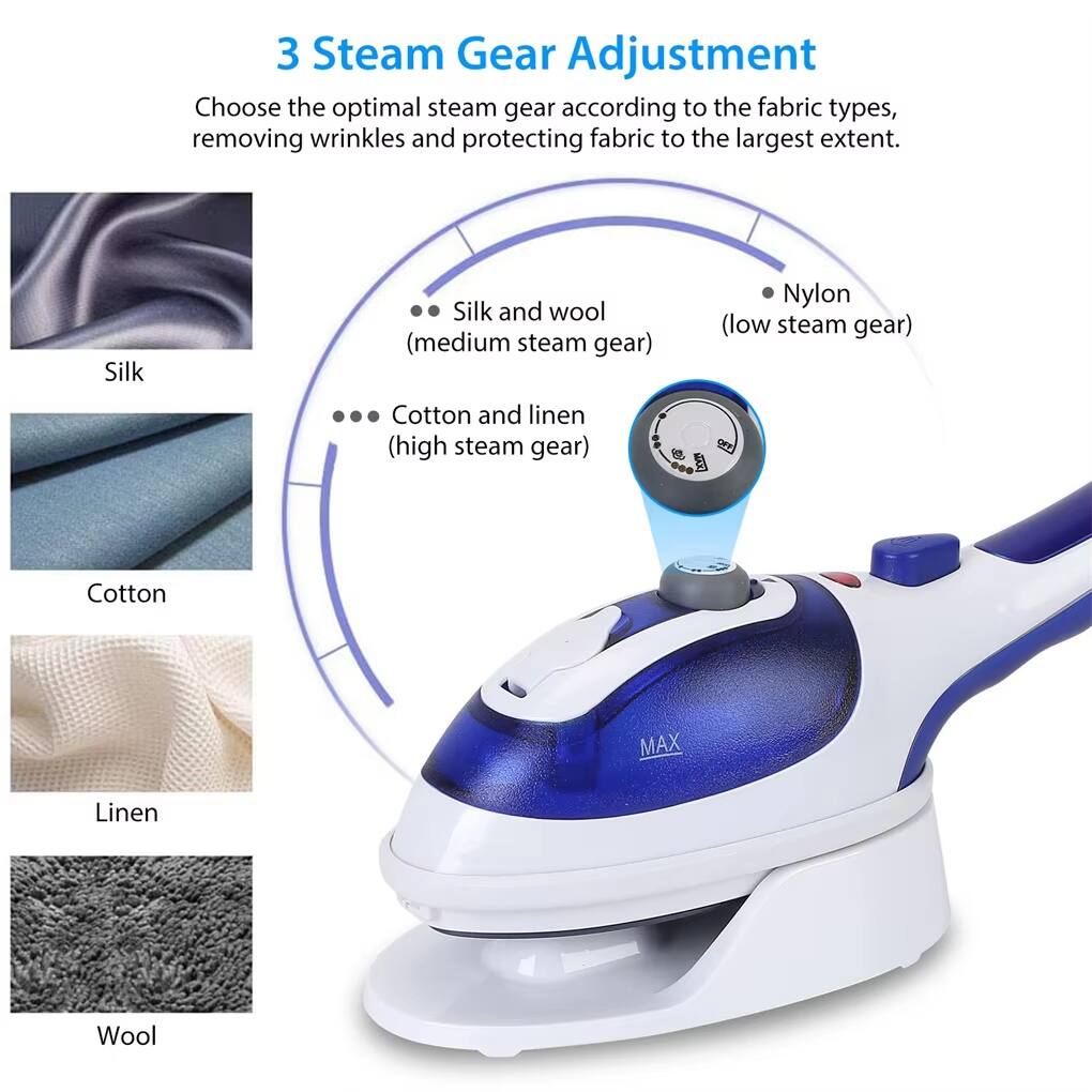 3 Steam Gear Adjustment

Choose the optimal steam gear according to the fabric types, removing wrinkles and protecting fabric to the largest extent.

- Silk and wool (medium steam gear)
- Cotton and linen (high steam gear)
- Nylon (low steam gear)

Silk  
Cotton  
Linen  
Wool