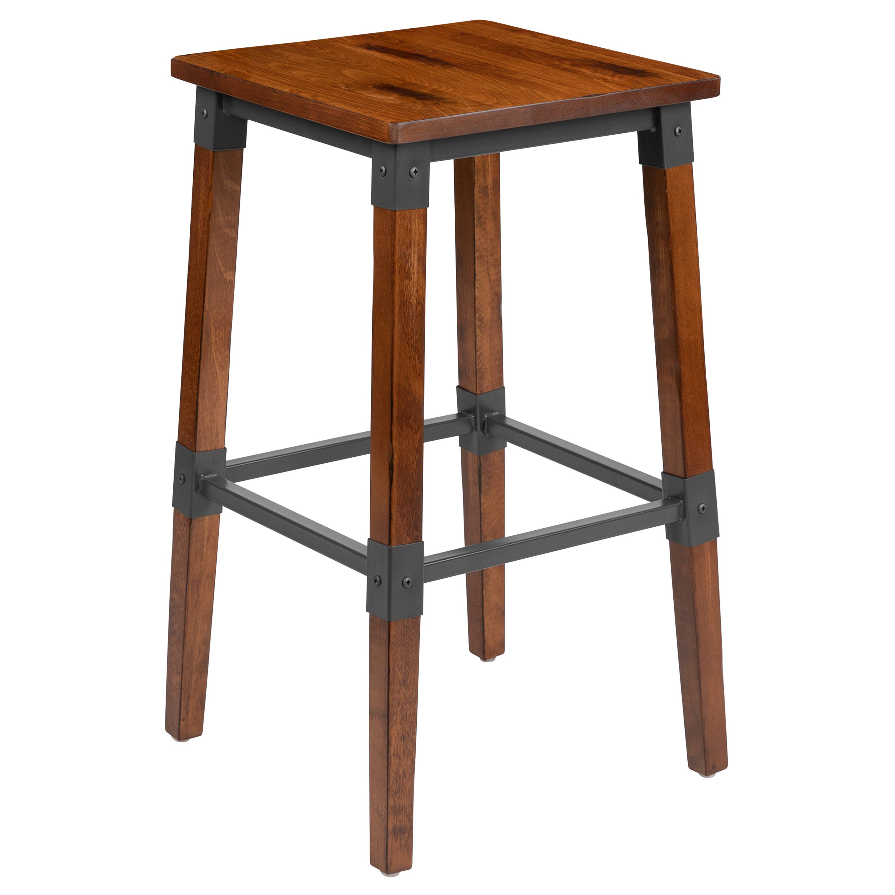 Alt View 9. Emma + Oliver - 2 Pack Commercial Grade Rustic Industrial Style Backless Wood Barstool - Walnut.