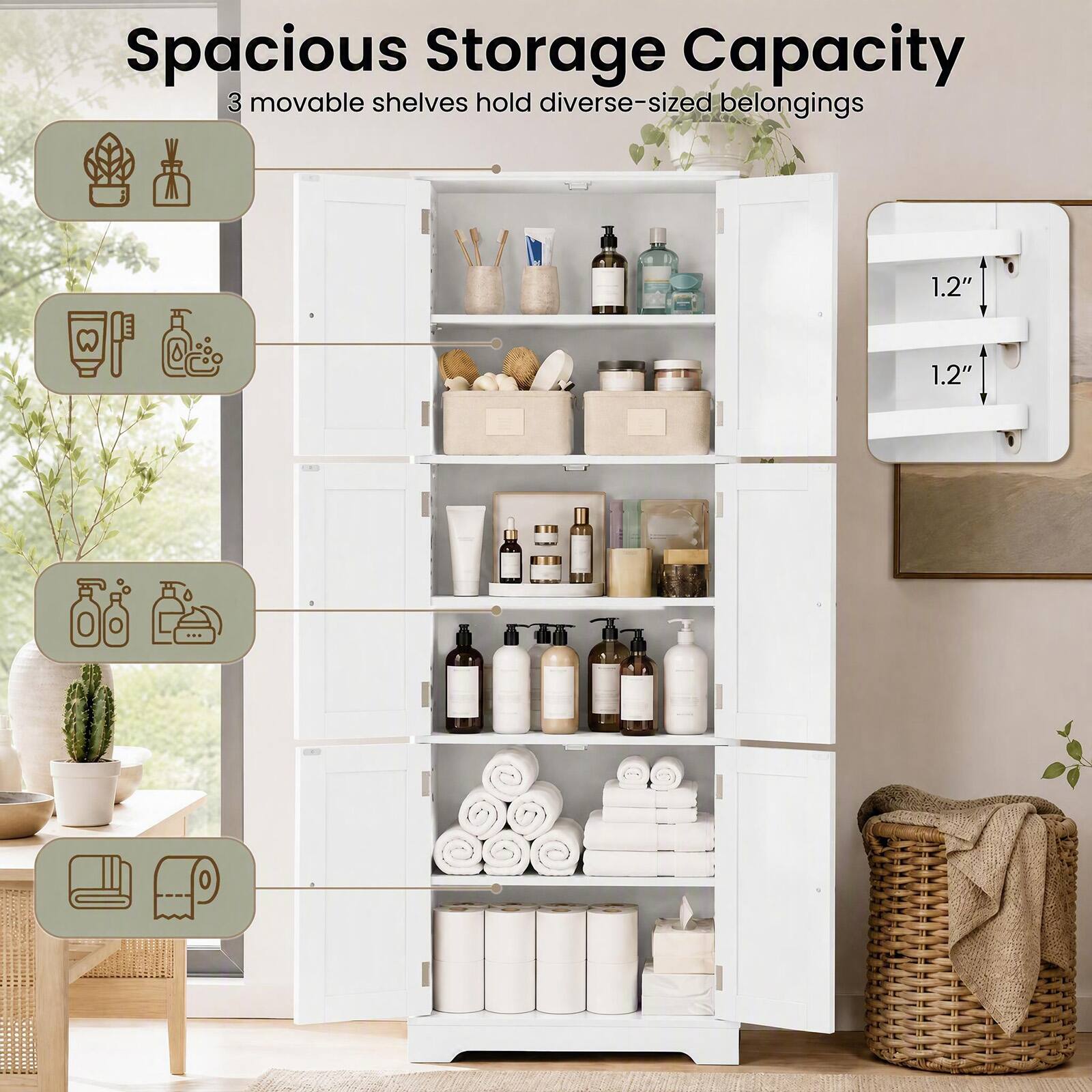 Spacious Storage Capacity  
3 movable shelves hold diverse-sized belongings  
1.2"  
1.2"