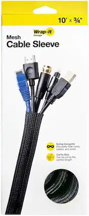 The text on the image reads: "10' X 3/4" Wrap-It Storage Mesh Cable Sleeve Going Incognito Discreetly hide cords, cables, and wires. Cut to Size Can be cut to the perfect length."