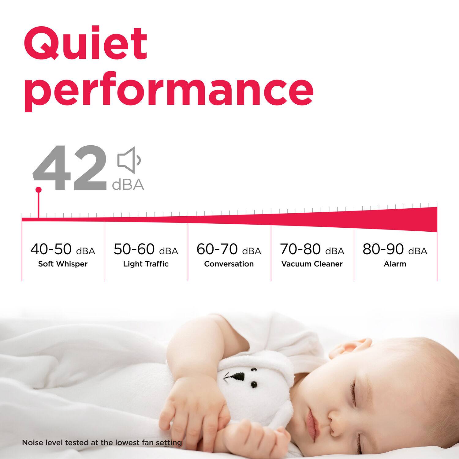 The text on the image is already grouped and correctly written. It reads: "Quiet performance 42 dBA 40-50 dBA Soft Whisper 50-60 dBA Light Traffic 60-70 dBA 70-80 dBA 80-90 dBA Conversation Vacuum Cleaner Alarm Noise level tested at the lowest fan setting."