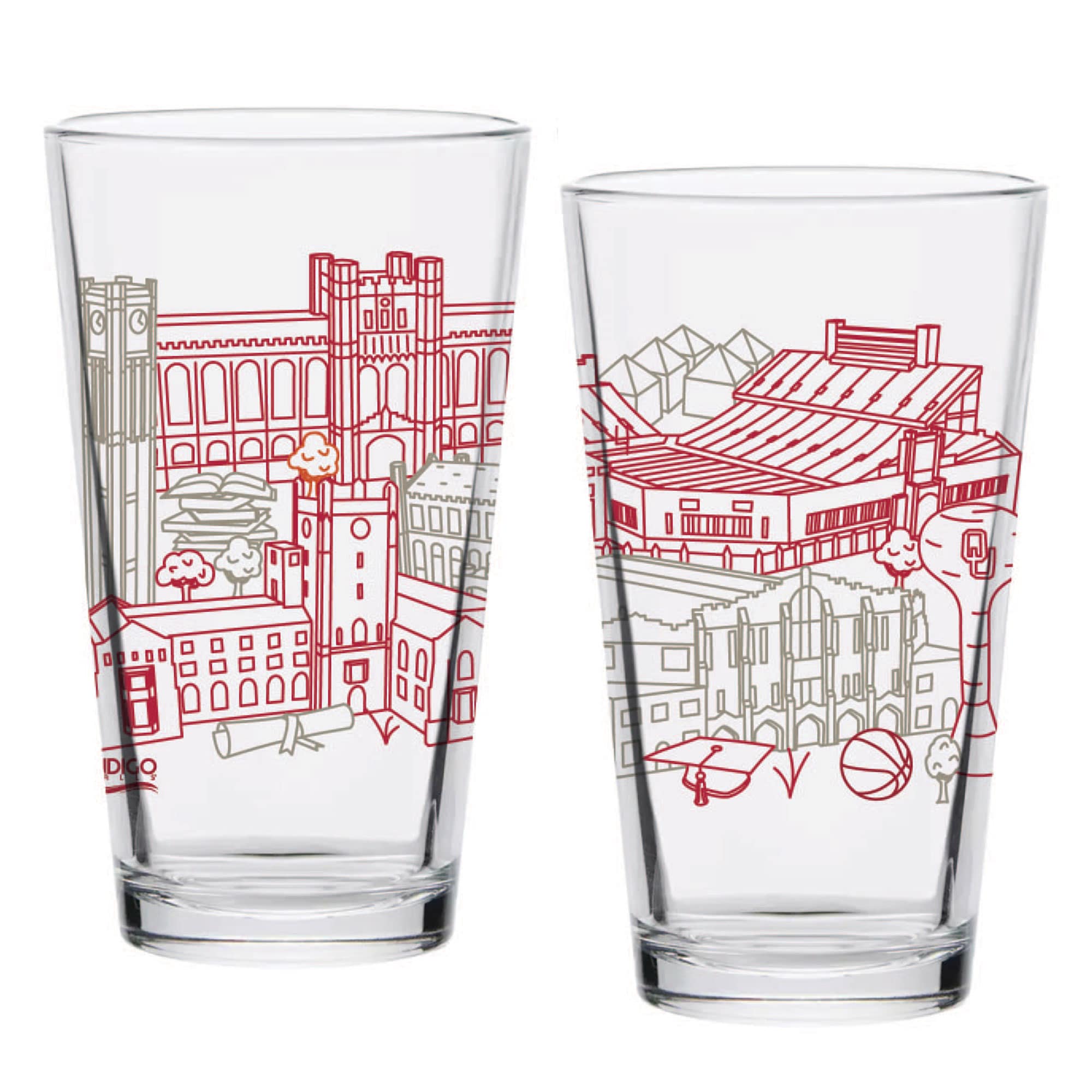 Alt View 1. Indigo Falls - Oklahoma Sooners Two-Pack 16oz. Campus Line Art Pint Glass Set - Multicolor.