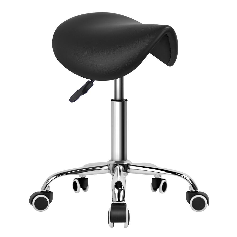 KKTONER - Rolling Saddle Stool PU Leather Swivel Adjustable Rolling Stool with Wheels Salon Chair - Black