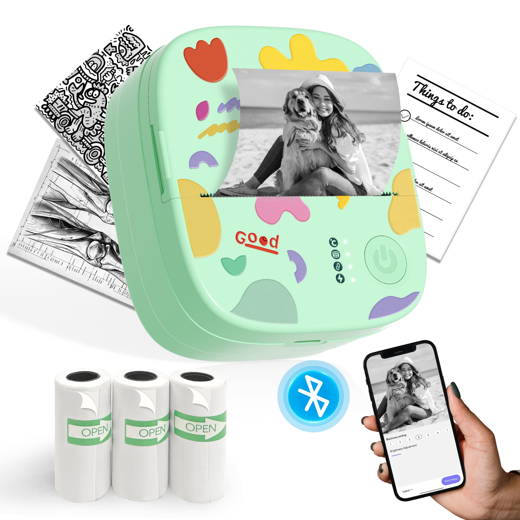 XenGro - Mini Portable Printer, Wireless Thermal Mini Printer With IOS & Android, Bluetooth For Home & Office - Green