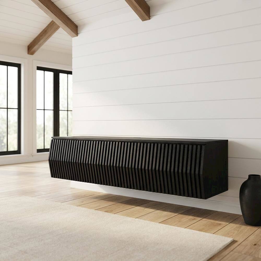 Left. FurniFact - Black Wall Mount TV Stand with Sturdy Construction and Storage Space - Black.