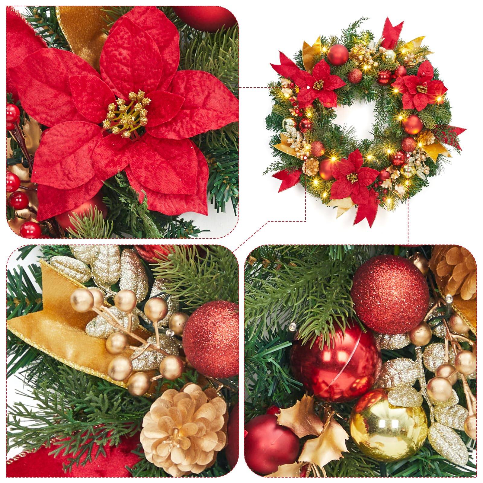 Alt View 1. Acekool - 24 Inch Christmas Wreath with Lights Pre-Lit Xmas Wreath for Front Door Windows Wall Mantel Decoration Red and Gold - Red.