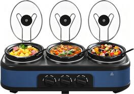 Forest'nSky - Triple Slow Cooker with 3 x 1.5 QT Removable Ceramic Pots,Glass Lids and 3 Spoons - Blue