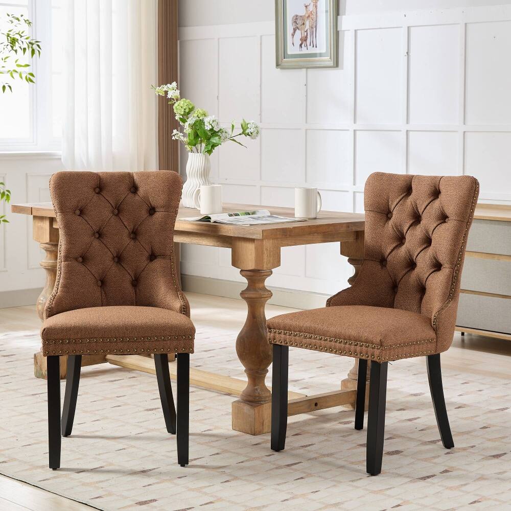 Alt View 10. Loheer - Loheer Tufted Linen Dining Chairs Set of 2 Coffee Solid Wood Upholstered Nailhead Trim Mid-Century Modern High Back - Coffee.
