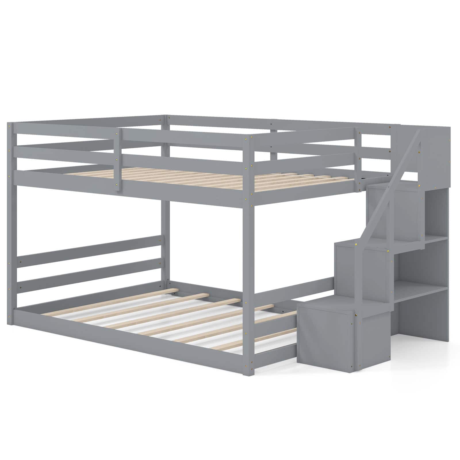 Costway - Full Over Full Low Bunk Bed with Storage Stairs with Full-length Guardrails - Gray