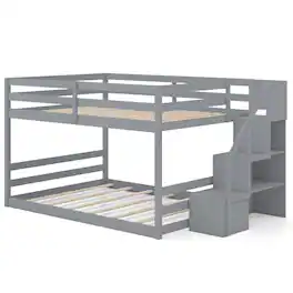Costway - Full Over Full Low Bunk Bed with Storage Stairs with Full-length Guardrails - Gray