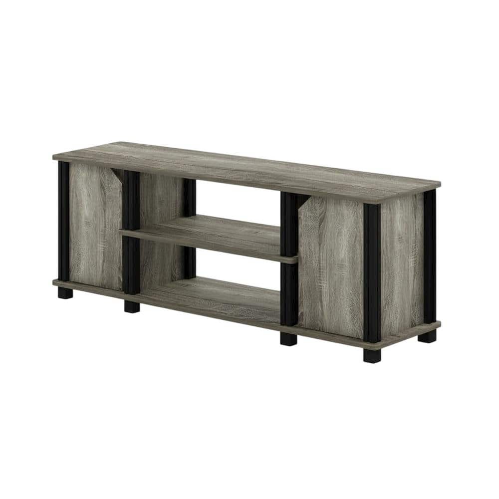 FurniFact - Wooden TV Stand with Shelves and Storage in French Oak/ finish - Black