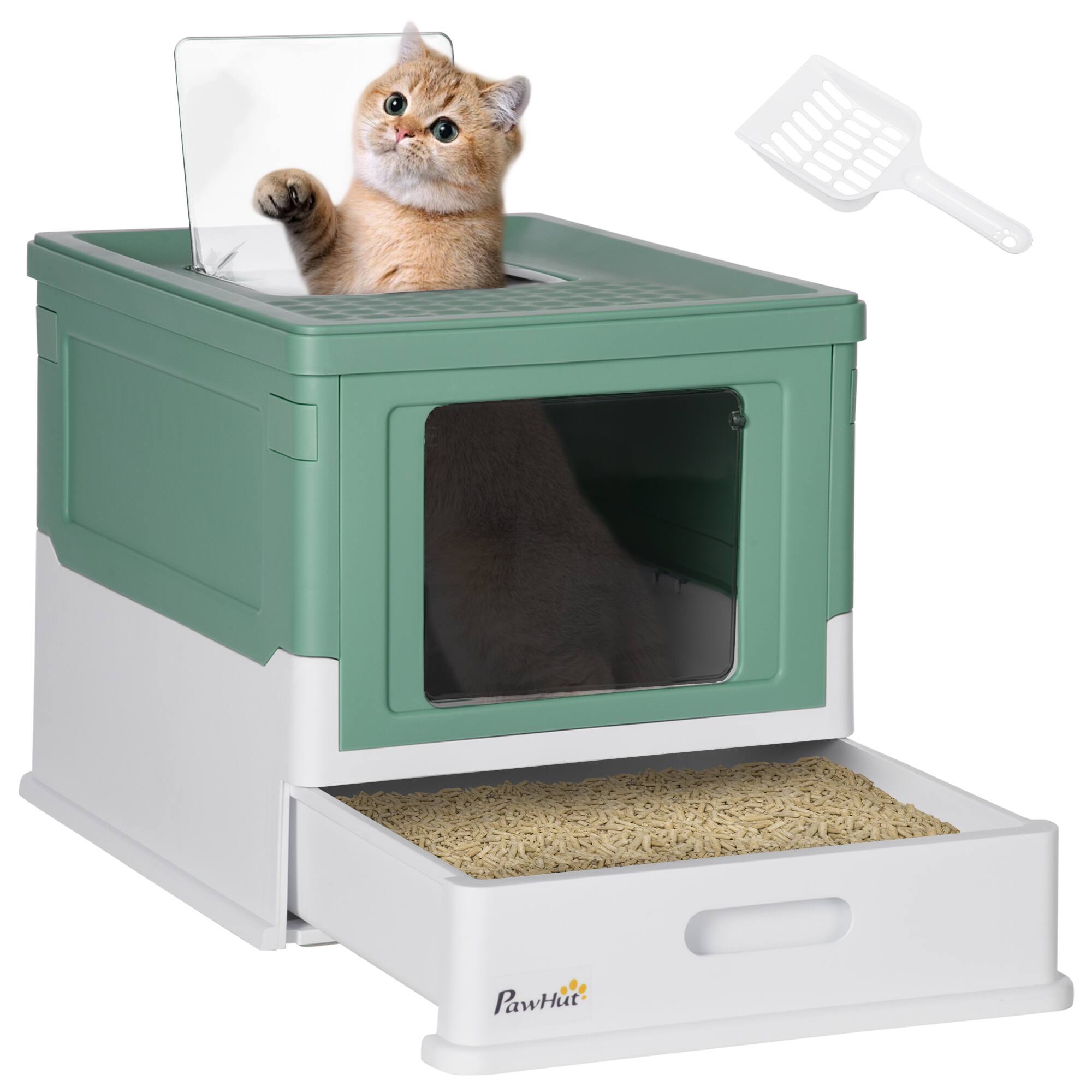 Front. Pawhut - Fully Enclosed Cat Litter Box with Scoop, Hooded, Drawer Tray, Foldable, Smell Proof, Front Entry, Top Exit, Portable - Green.