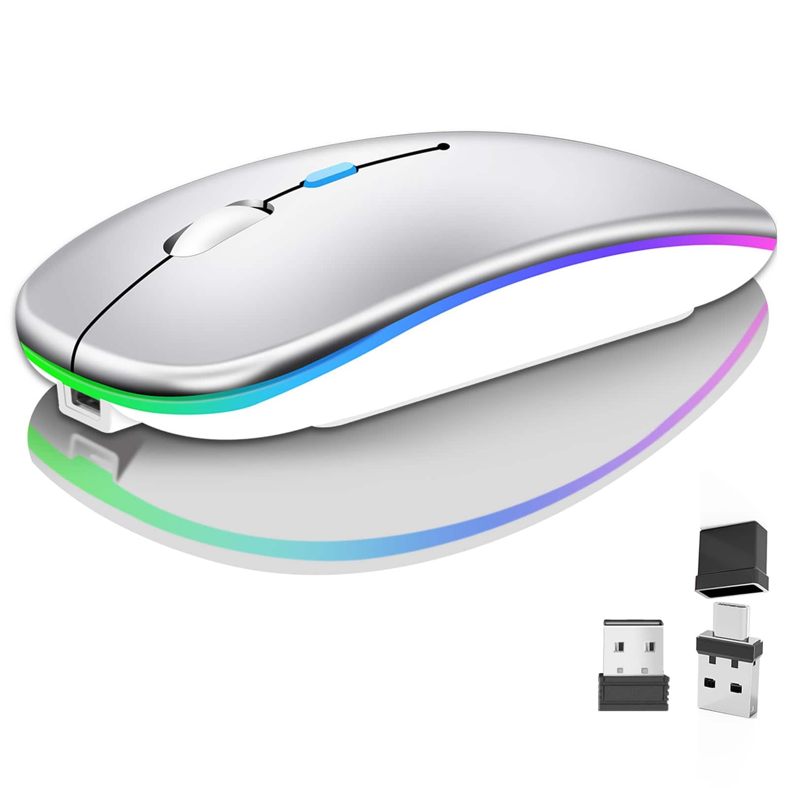 Cedar Assembly - Wireless Mouse For Laptop Rechargeale Computer 2.4ghz Optical Dual Receivers Mice Led Quiet Click - Wireless - Silver