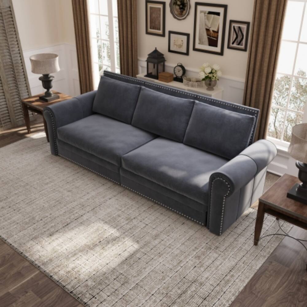 Front. LUCKY ONE - 93.7" Pull-Out Velvet Chesterfield Sofa Bed King Sleeper 3-in-1 w/ Nailhead Trim - Grey.