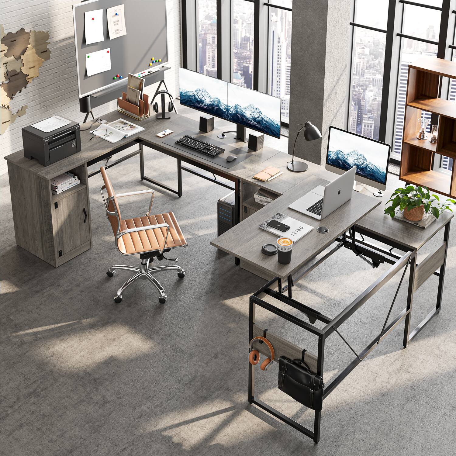 Alt View 15. Bestier - Standing L-Shaped Computer Desk with Storage Cabinet - Gray.