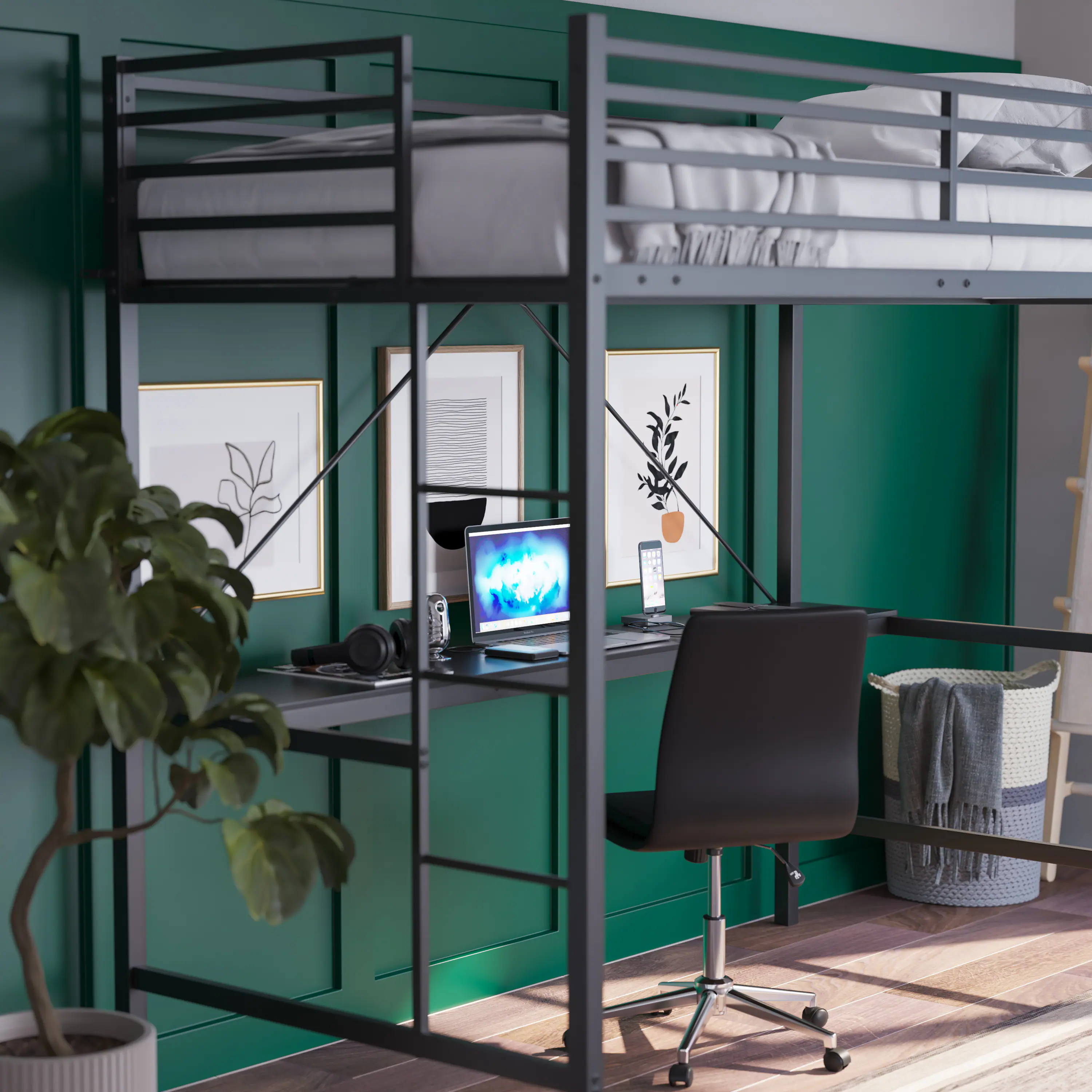 Alt View 4. Emma + Oliver - Jensen Metal Loft Bed Frame with Desk, Protective Guard Rails and Ladder for Kids, Teens and Adults - Black.