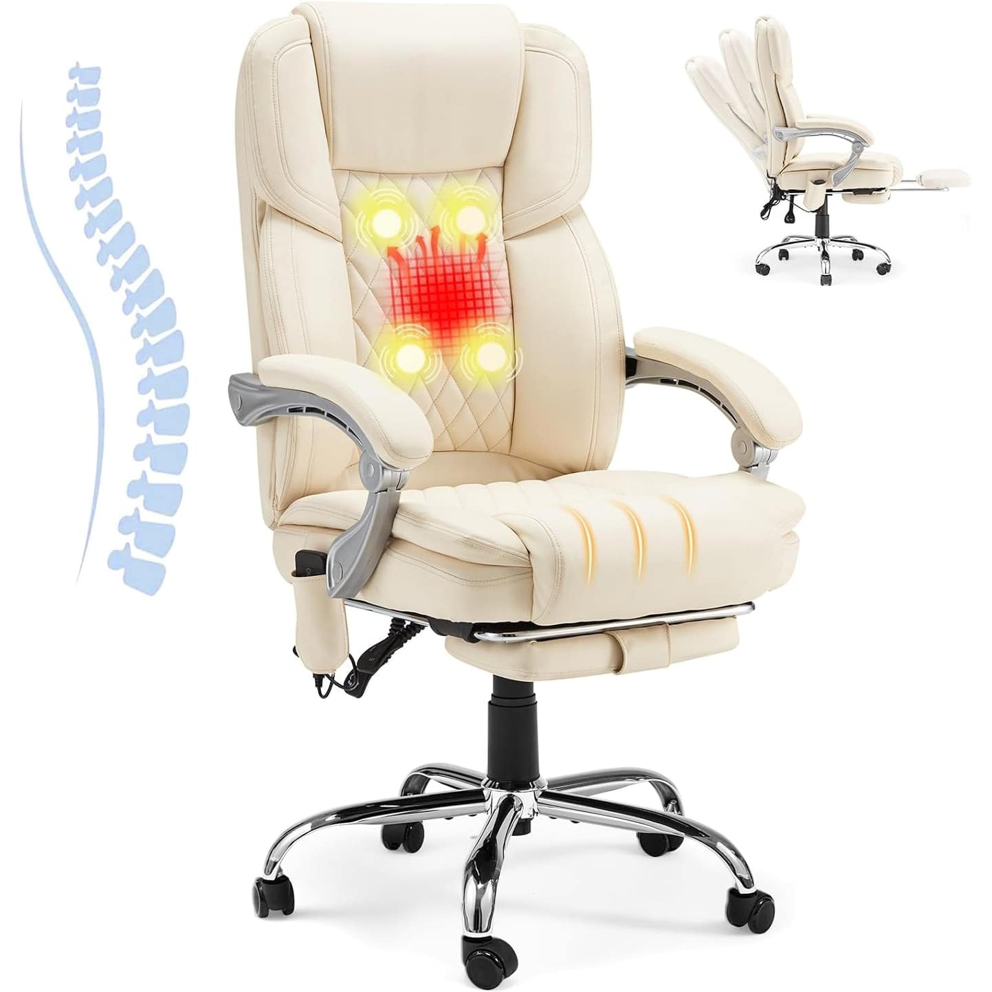 U-HOMY - Ergonomic Office Chair with 4-Point Massage, Adjustable Recline, Footrest and Lumbar Support - Beige