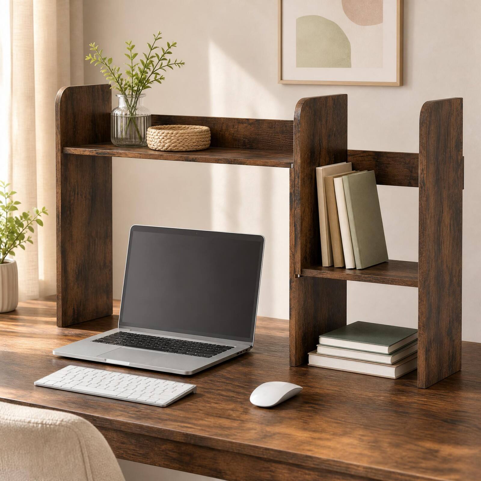 Alt View 1. Costway - Costway Countertop Bookcase Storage Hutch for Computer Desk, Modern Organizer for Home Office - Rustic Brown.
